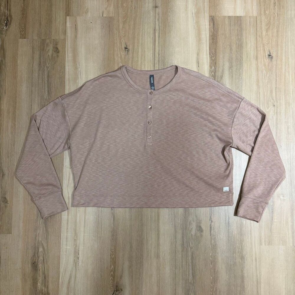 Vuori Sunrise Oversized Henley Long Sleeve Light Mocha Top Sz L Slouchy Boxy Fit